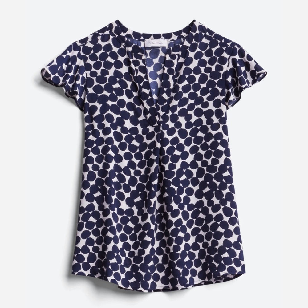 Calvin Klein Navy and White Polka Dot Short Sleeve Blouse